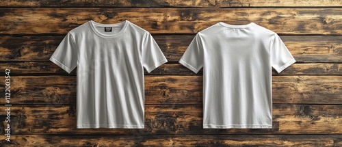 Blank shirt mock up template, front and back view, plain white t-shirt with wood plank background. Tee design mockup presentation for print photo