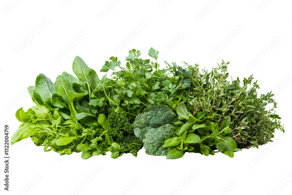 Fototapeta premium A vibrant assortment of fresh herbs including spinach, arugula, parsley, and thyme, arranged beautifully against a white background.
