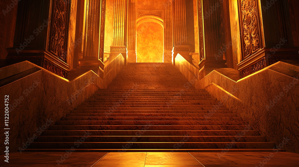 A grand staircase leads upward into a luminous space, bathed in warm, golden light. The stairs are made from polished stone, reflecting the brightness above. Flanking the staircase are ornate columns A grand staircase leads upward into a luminous space, bathed in warm, golden light. The stairs are made from polished stone, reflecting the brightness above. Flanking the staircase are ornate columns