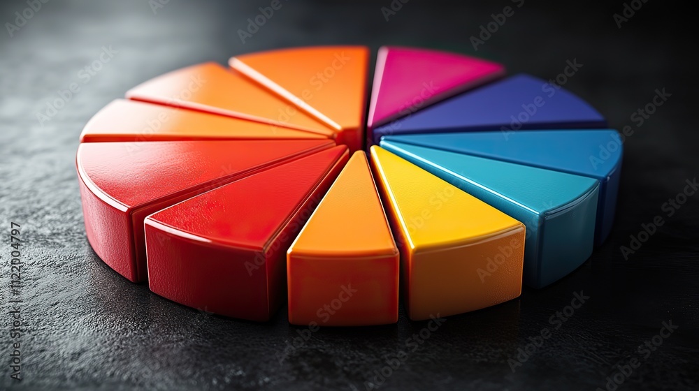 Fototapeta premium 3D design of a colorful pie chart on a black background, representing infographics, data analysis, and statistics