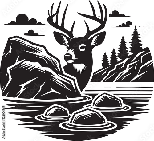 A deer peeking from behind a boulder in a river vector silhouette