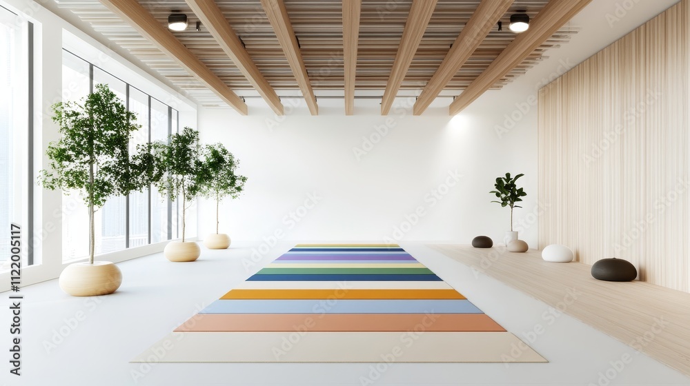 Fototapeta premium Modern yoga studio with colorful mats, large windows, natural light, and serene plants, ideal for wellness, mindfulness, and fitness practices