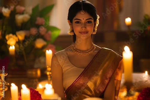 Woman in Gold Necklace and Jhumkas, Candlelight and Flowers photo