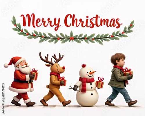 Santa, reindeer, snowman, and a boy carrying gifts with 