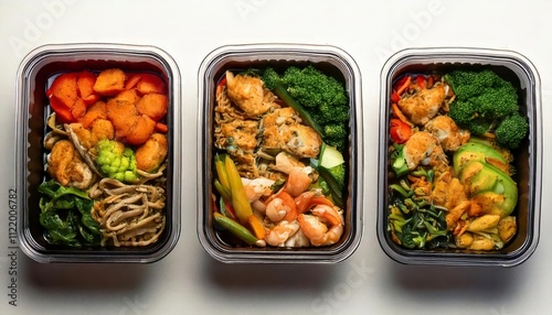Healthy meal prep containers with diverse ingredients.