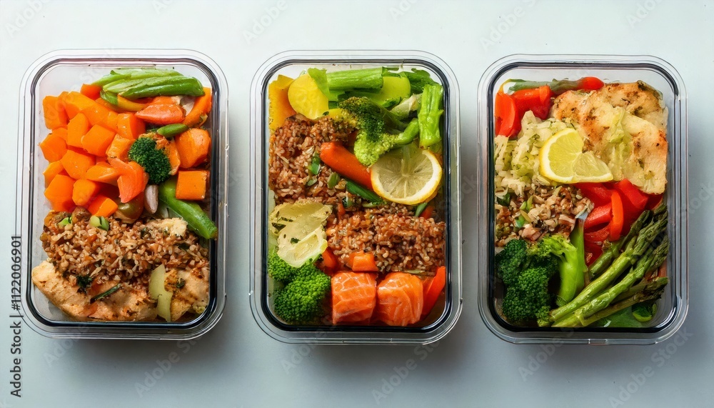 Healthy meal prep containers with vibrant veggies. Healthy meal prep containers with vibrant veggies.