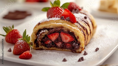 Stack of chocolate spread filled pancakes. Sweet breakfast pancakes with chocolate sauce inside it, and fresh stawberries, on white kitchen table photo