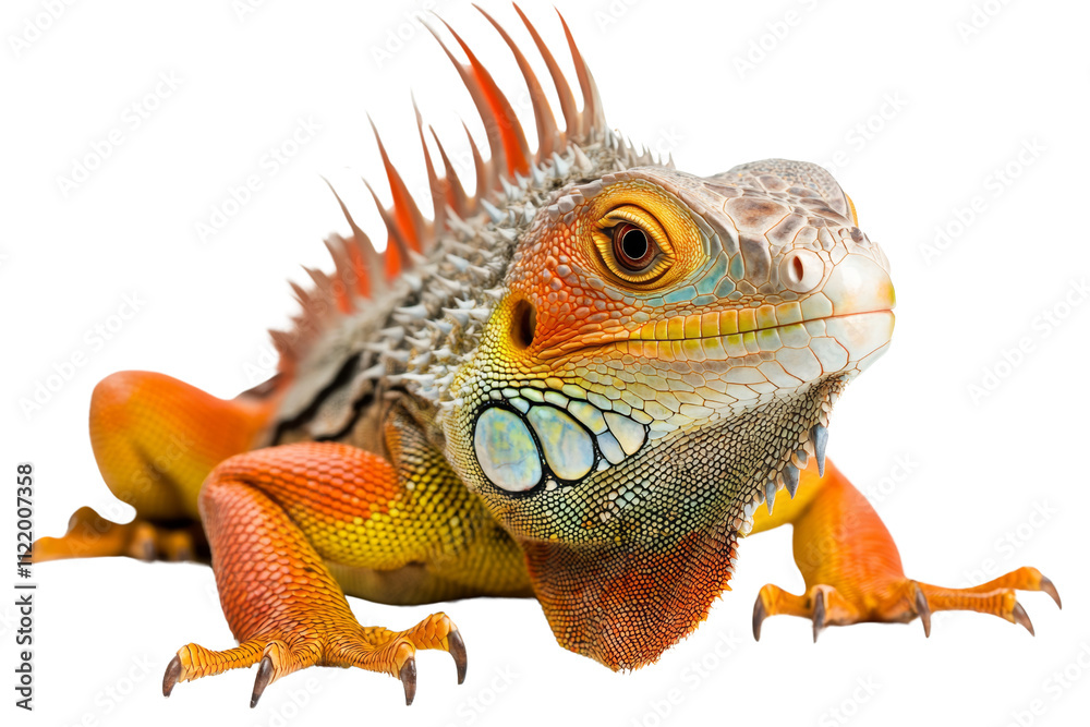 Obraz premium A vibrant iguana with striking colors and unique features, isolated on a white background, showcasing its fascinating texture and expression.