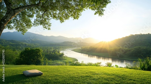 Serene Sunrise Over a Tranquil River in Lush Green Landscape with Majestic Mountains in Background and Gentle Sunlight Illuminating the Scenic View