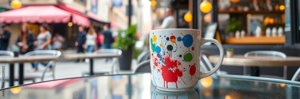 Fototapeta premium This inviting image features a colorful mug with a unique paint splatter design, sitting on a table in a charming Parisian cafe. The blurred background of the cafe's interior adds depth and atmosphere