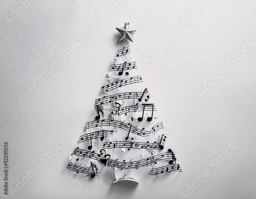 Tarjeta de árbol de Navidad hecha de notas musicales en fondo suave, espacio para texto photo