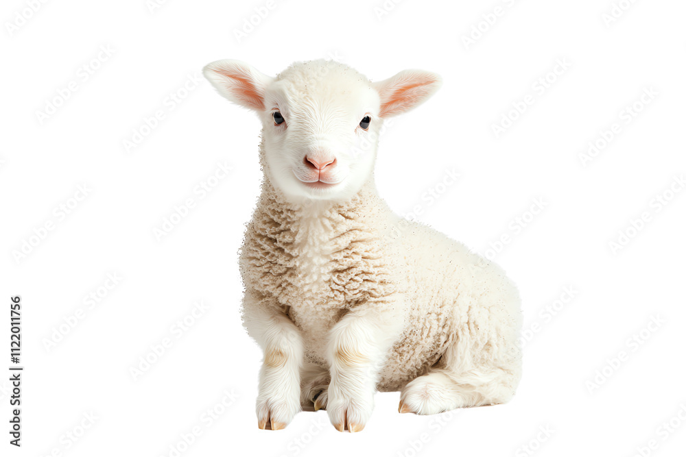 Obraz premium Adorable white lamb sitting against a white isolated background, showcasing its fluffy wool and gentle expression.