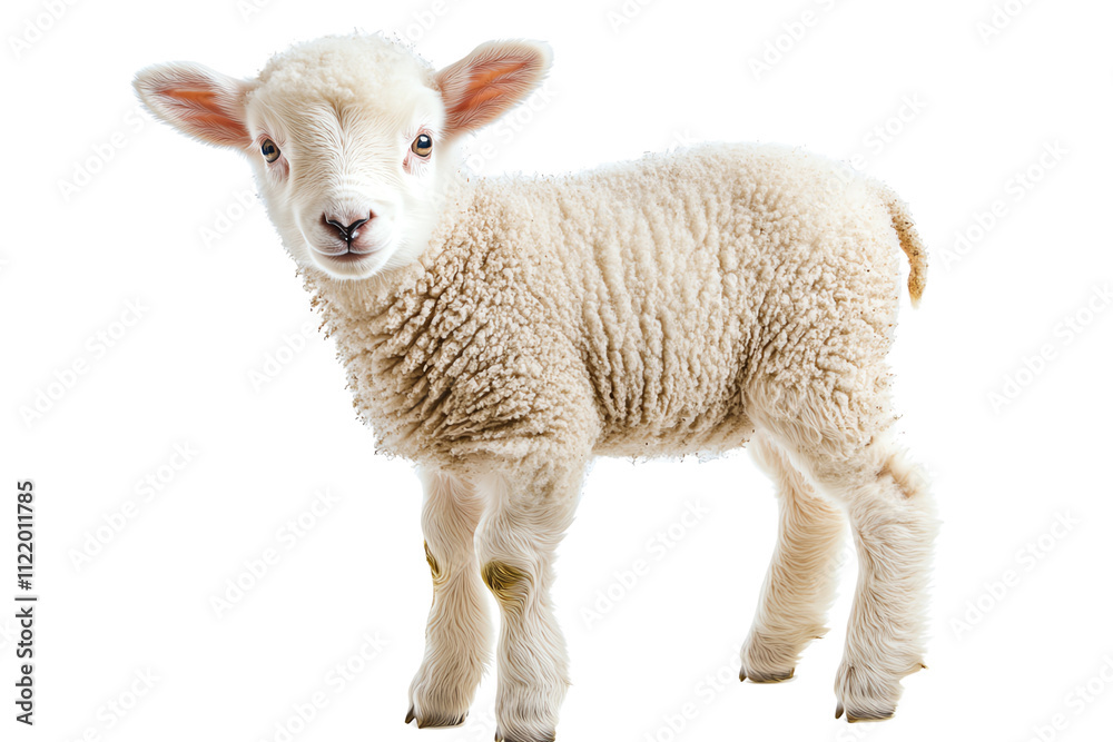 Fototapeta premium Adorable young lamb standing on a white isolated background, showcasing its soft fleece and playful demeanor.
