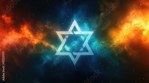 A background featuring blue and green colors with a white Star of David in the center photo