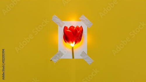 Tulip flower taped to bright background. Minimal concept. photo