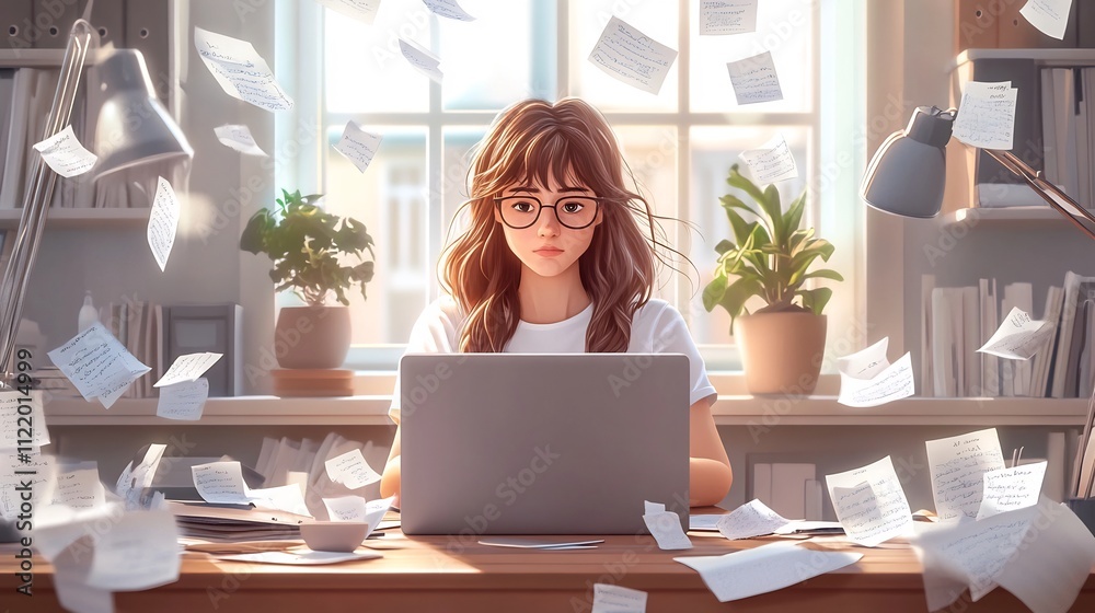 Blogger Contemplating Content in Bright Modern Workspace