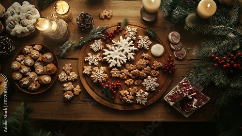 A wooden table is adorned with a delectable spread of Christmas cookies, their sugary sweetness inviting indulgence.  photo