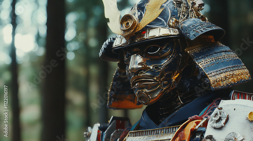 A samurai warrior is standing in a forest with a mask on his face photo