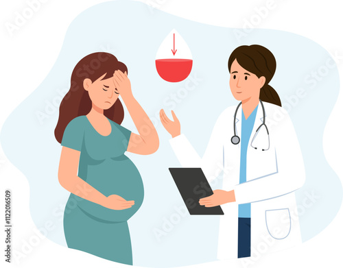 Pregnant woman with vertigo at a doctor's appointment.Anemia, dizziness.Woman and the doctor are talking in the office.Monitoring pregnancy and healthy.Vector illustration