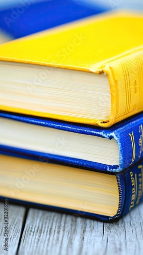 Brightly colored books are stacked neatly on a weathered wooden surface, showcasing their vibrant spines against a deep blue backdrop, perfect for lovers of literature and decor photo