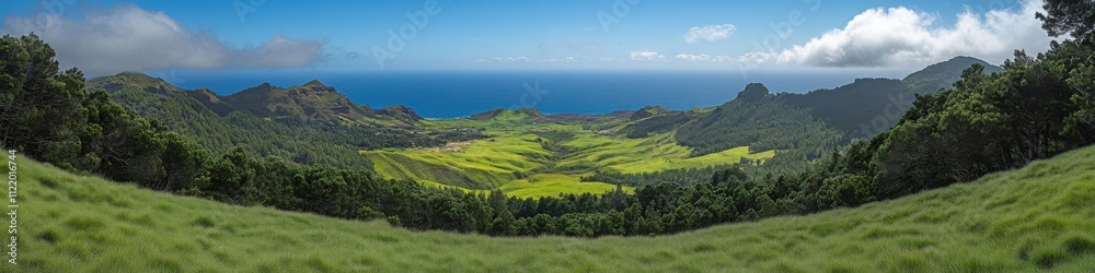 Panoramic view of expansive green fields meeting the ocean under a clear blue sky, ideal for landscape photography, travel blogs, and nature wallpapers.
Panoramic view of expansive green fields meeting the ocean under a clear blue sky, ideal for landscape photography, travel blogs, and nature wallpapers.