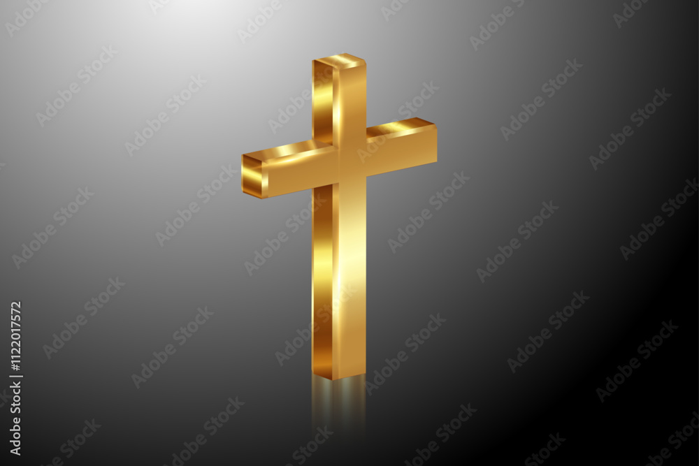 3d gold cross of light, shiny Cross with golden foil texture, symbol of christianity. Symbol of hope and faith. Vector illustration isolated on black gradient background 3d gold cross of light, shiny Cross with golden foil texture, symbol of christianity. Symbol of hope and faith. Vector illustration isolated on black gradient background