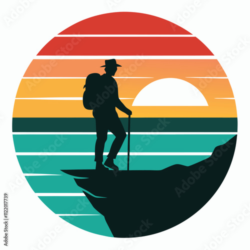 Hiking man on mountain on vintage retro background