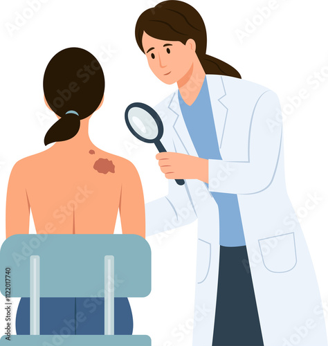 Doctor with magnifying glass in  hand examine woman skin and find melanoma in form of mole. Skin Cancer concept.Oncology or dermatological problems. Vector Illustration