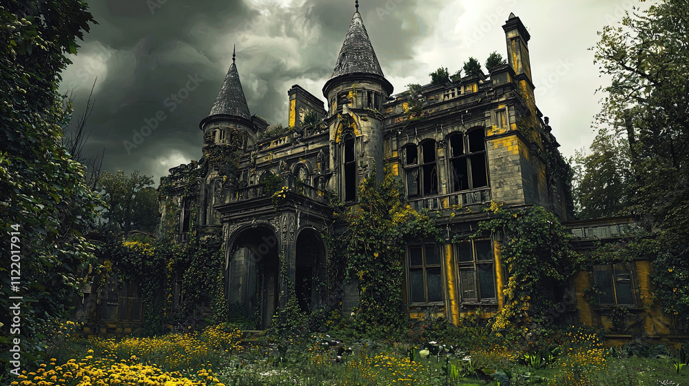 Obraz premium The image presents a hauntingly beautiful view of an abandoned mansion. The structure features intricate architectural details, including tall spires and ornate carvings, now enveloped by vibrant gree