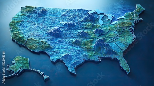 A blue 3D illustration of the United States map highlights the country's geographical features