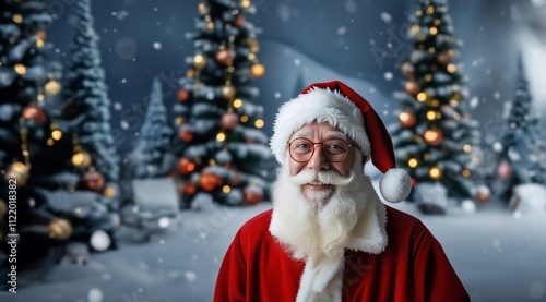 Santa Claus near Christmas tree. Santa Claus. Christmas Presents. Concept of Christmas and New Year. Winter Holidays Celebration. Bearded Santa.