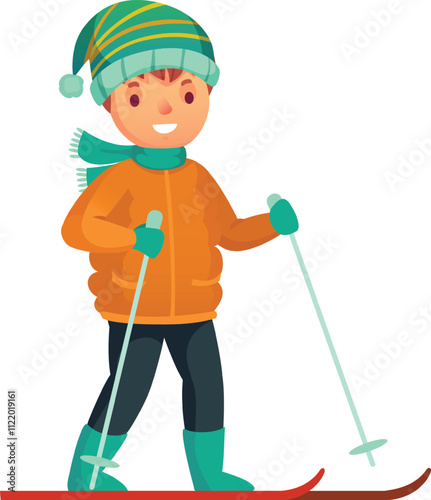 Happy child wearing warm winter clothes, including an orange jacket, a scarf, and a striped hat, is skiing using ski poles and enjoying winter sports