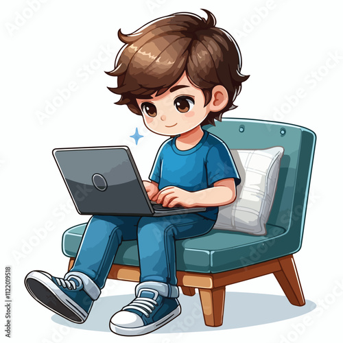 a boy is using his laptop vector