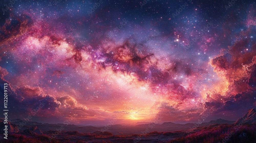 Obraz premium Celestial panorama of a vibrant, star-dusted sky merging with a sunrise over a landscape of rolling hills, with a prominent Milky Way.