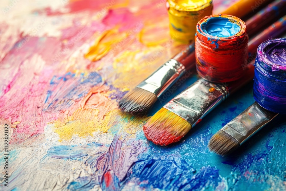 Fototapeta premium Bright paint pots and brushes spread over colorful canvas