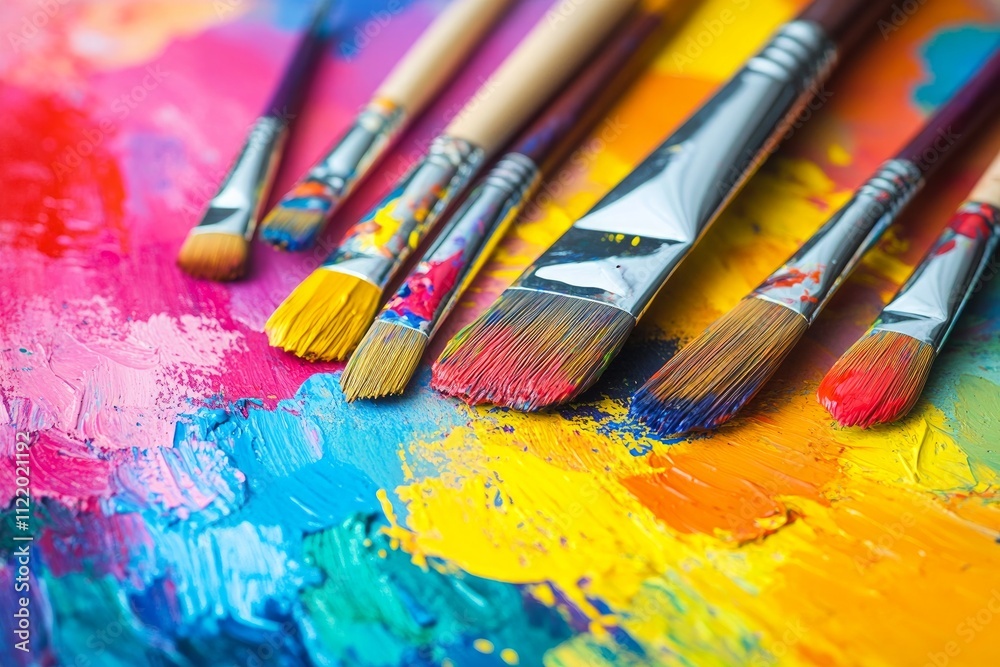 Fototapeta premium Vibrant paint and brushes create colorful art. Generative AI