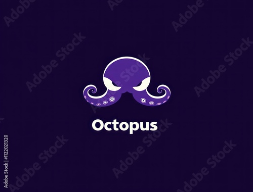 Cartoon purple octopus logo with angry face and curled tentacles forming a mustache on dark background. photo