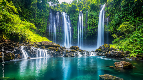 A tropical rainforest waterfall cascade with turquoise blue ponds, named Banyumala for its twin waterfalls on a mountain slope. photo