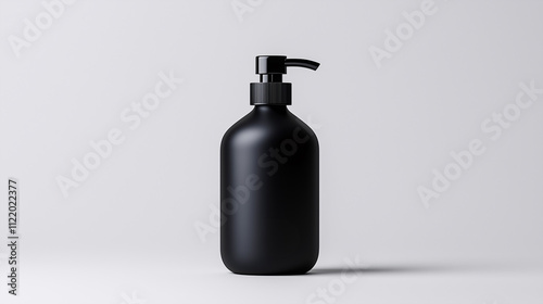 A sleek black lotion bottle with a pump, isolated on a solid grey background photo