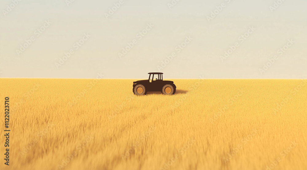 Fototapeta premium Tractor Shadow in a Harvest Season: Agricultural Work in the Golden Fields of Autumn