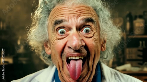 Funny crazy scientist in white coat with curly gray hair opened his mouth and stuck out his tongue. Mad man. Madness in science. Joke, humor, parody, costume. photo