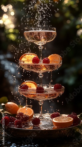 Elegant tower champagne bubbles fruits festivity high resolution hd image photo