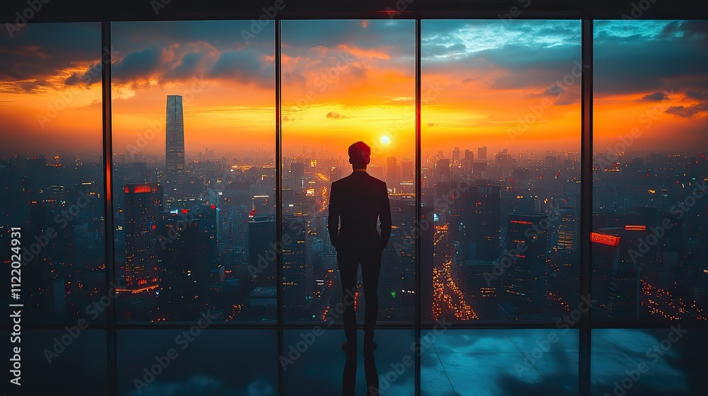 Fototapeta premium A business person in an office gazes out at the cityscape