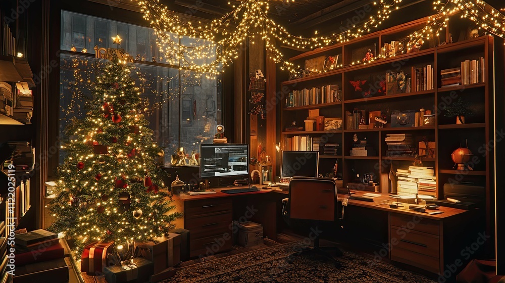 Fototapeta premium New Year's interior with a Christmas tree and garlands in a office 
