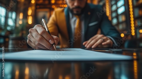 A businessman and businesswoman formalize an agreement by signing official documents photo