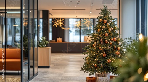 New Year's interior with a Christmas tree and garlands in a office 