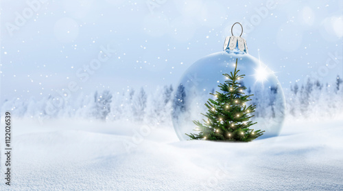 Weisse transparente Weihnachtskugel aus Glas in winterlicher Schneelandschaft