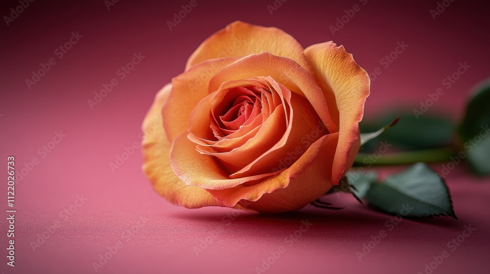 Fototapeta premium Close-up of a single, vibrant orange-peach rose on a deep magenta background.