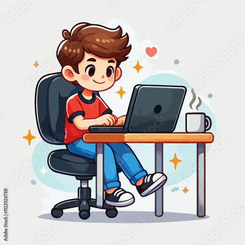 a boy is using his laptop vector