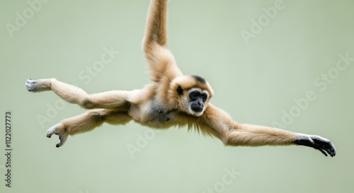 Agile gibbon in dynamic swinging motion against minimalist green background photo